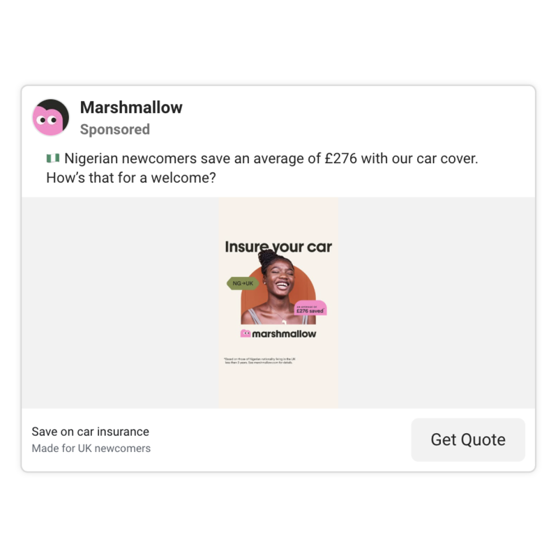 Marshmallow ad - Nigerian newcomers, £276 average saving