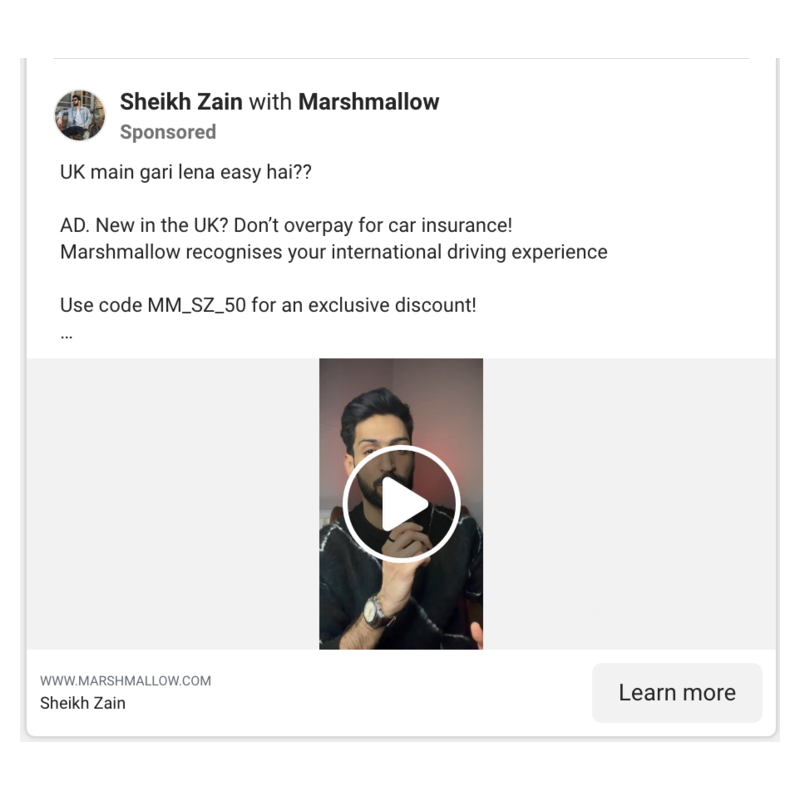 Sheikh Zain x Marshmallow - Urdu language ad with discount code MM_SZ_50