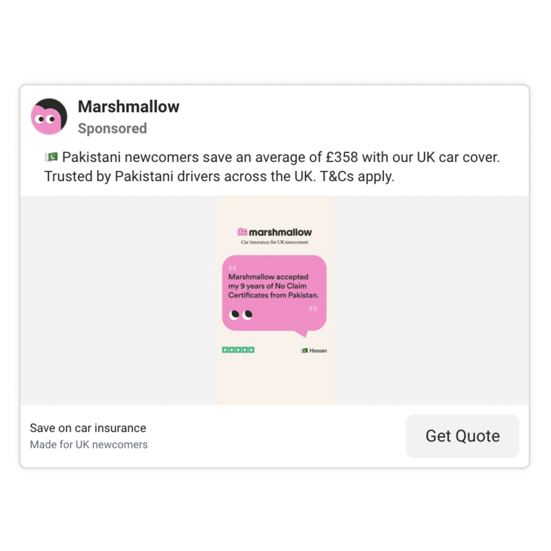 Marshmallow ad - Pakistani newcomers, £358 saving, Trustpilot testimonial